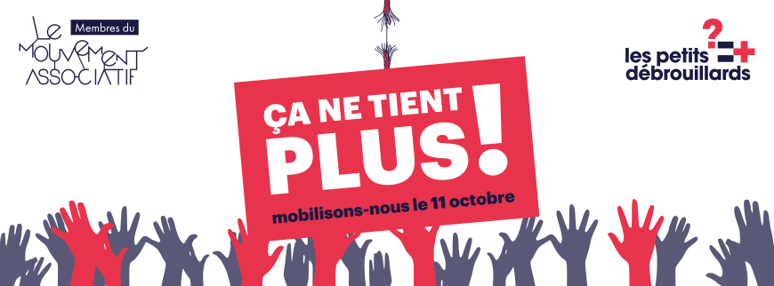 Dessins de mains ouvertes levées vers le haut certaines rouges et d'autres bleus. Les mains du centre tiennent une pancarte disant: Ça ne tient plus ! Mobilisons-nous le 11 octobre