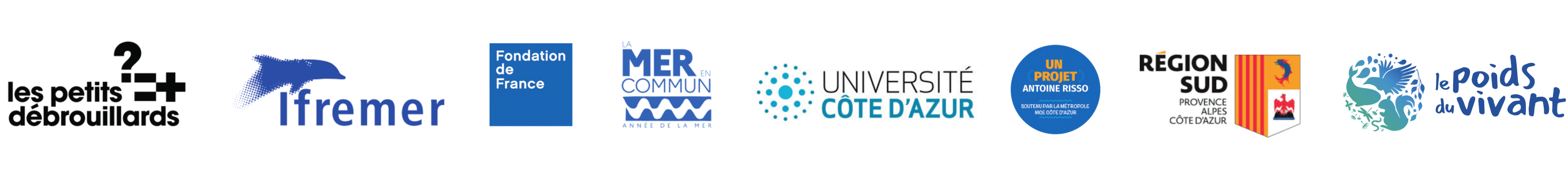 Liste des logos des partenaires: iLes Petits Débrouillards / Ifremer / Fondation de France / Mer Commun / Université Côte d'Azur / Un projet Antoine Risso / Région Sud / Le poids du vivant