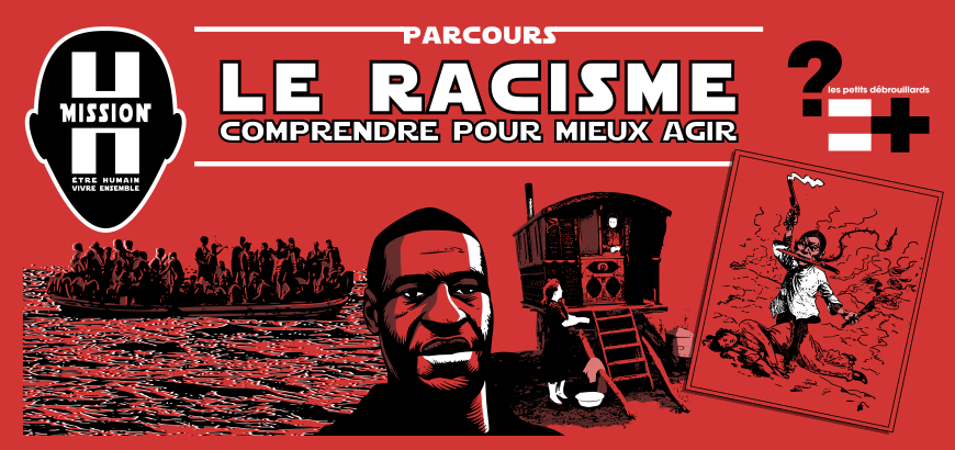 Un dessin: Une barge flottant sur de l'eau plate, pleine à craquer de personnes, la tête d'un afro-descendant avec des cheveux coupés courts, une roulotte de forain vue de l'arrière avec une femme près de l'entrée.